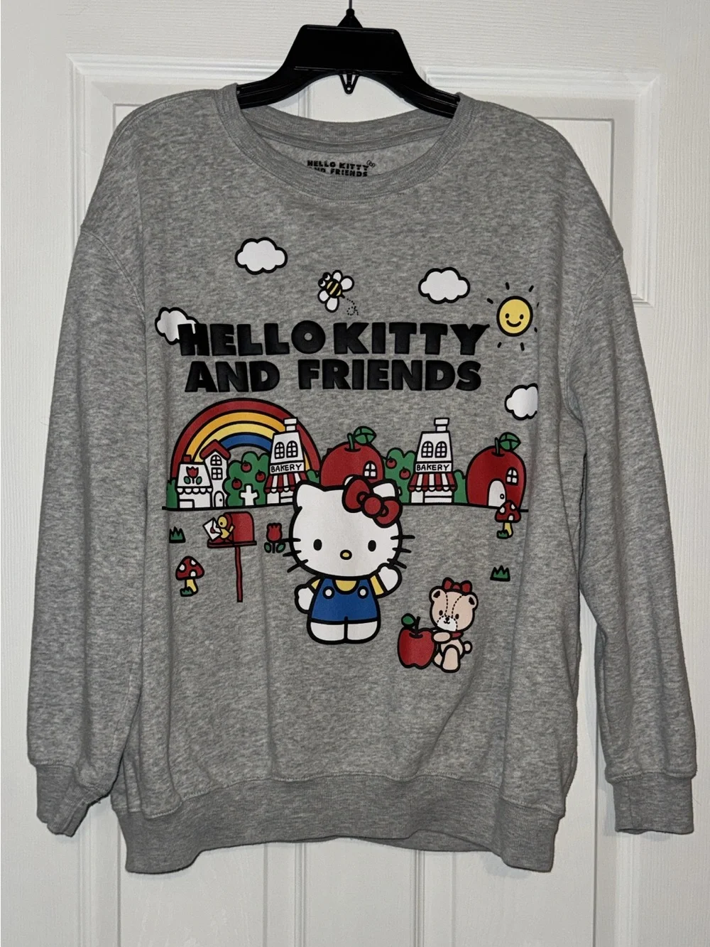 Sanrio- Hello Kitty Light Gray Pullover with Black Logo design front and back - Picture 1 of 4